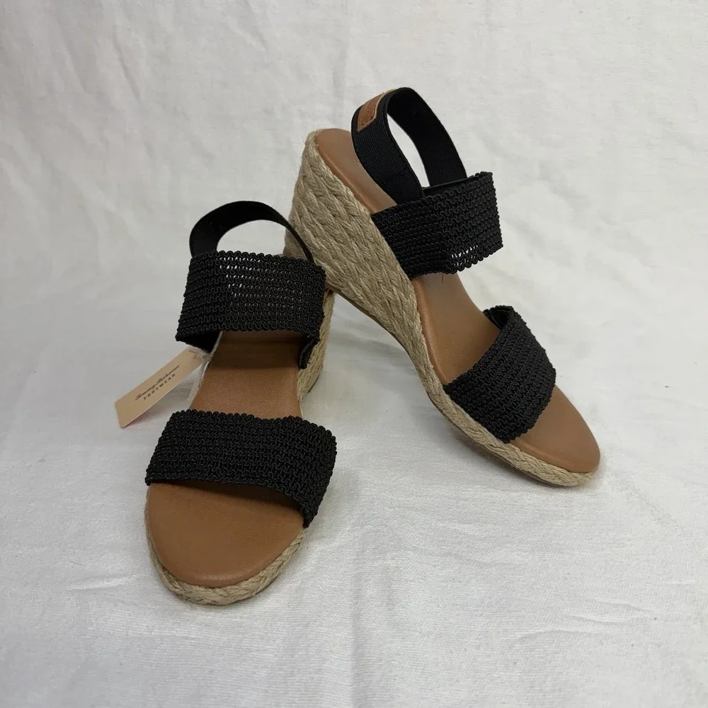 Tommy Bahama Sakura Wedge Espadrilles Heels Black Sandals 8 Beachy Boho Summer